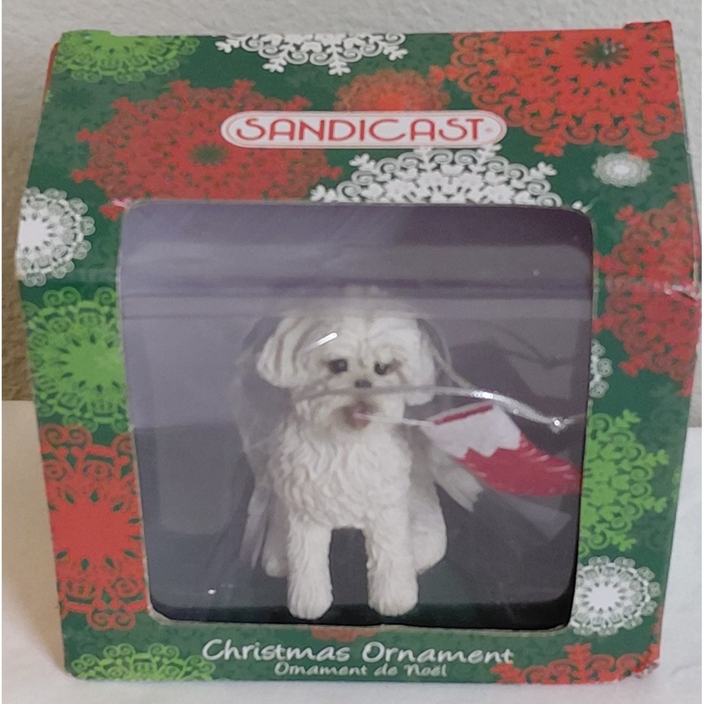 Sandicast Bichon Frise Christmas Ornament White Dog Holding Stocking NIB Box 3"